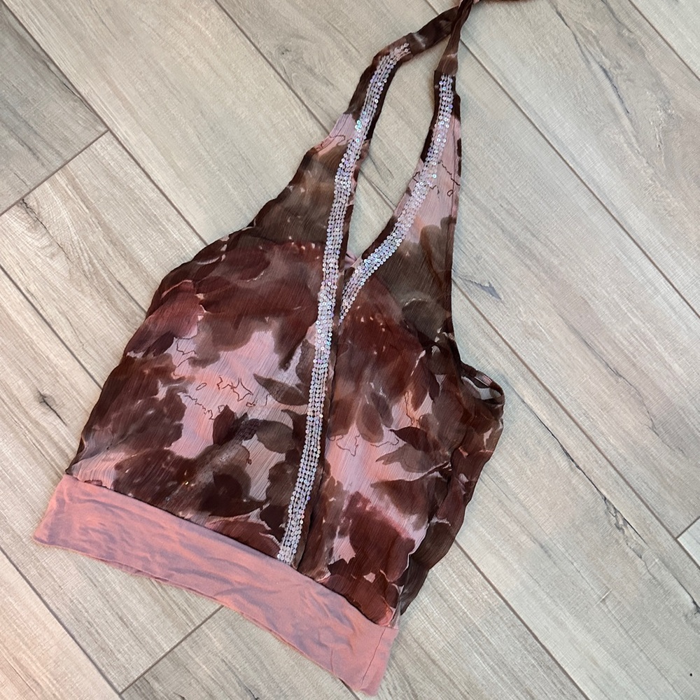Brown and Pink Floral Halter Top with Sequin Detail